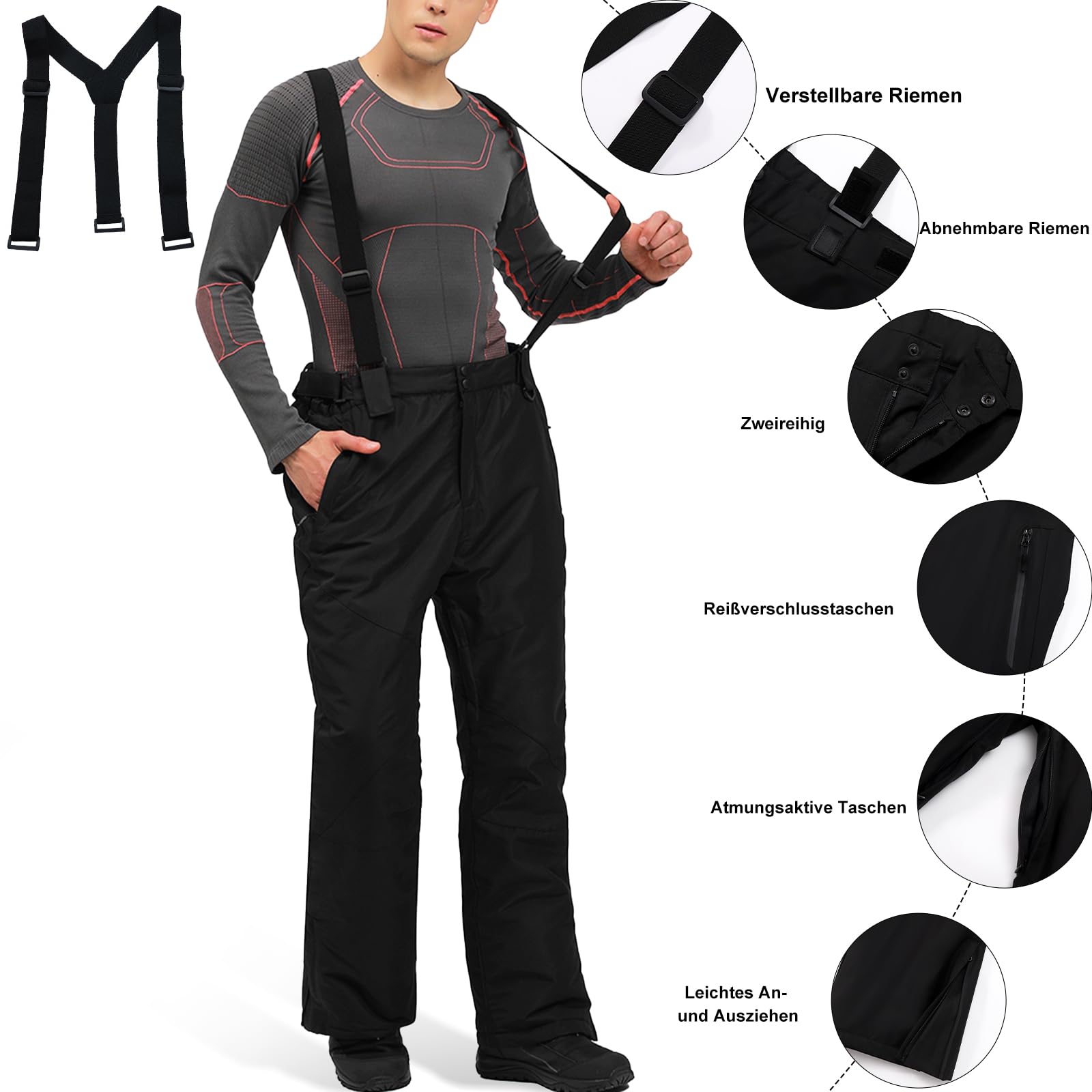 HOTIAN Pantaloni Sci Uomo antaloni da Impermeabile Antivento Pantaloni Staccabili Pantaloni Snowboard Neve Uomo Pantaloni Outdoor