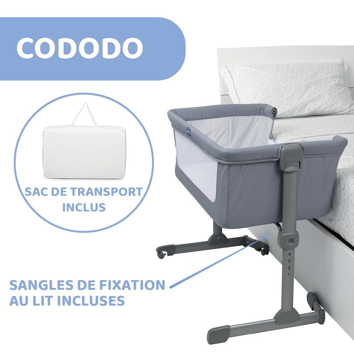 Chicco Next2Me Essential Lit Bébé Cododo, Berceau Bébé Cododo, Compatible avec Plusieurs Lits, Réglable en Hauteur, Bonne Circulation de l’air, Matelas et Sac Inclus, 0-6 Mois, Gris