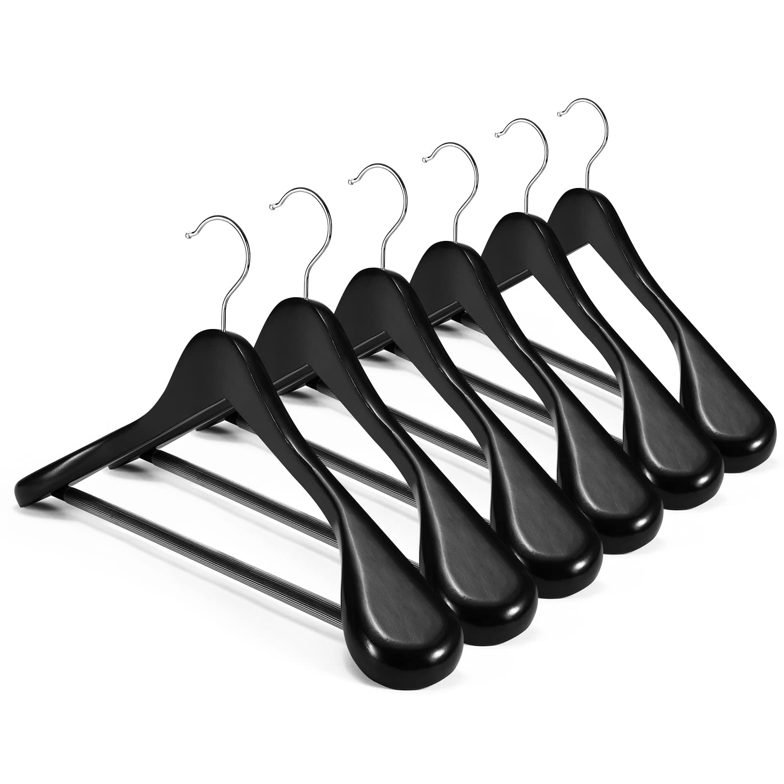 HOUSE DAY High-Grade Suit Hangers, Wide Shoulder Wooden Hangers with Non Slip Pants Bar, Smooth Finish 360Â° Swivel Hook Solid Wood Coat Hangers for Dress, Jacket, Heavy Clothes Hanger 6 Pack (Black)