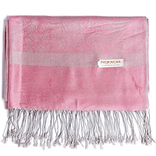 Paisley Pashmina Silk Scarf Shawl Cashmere Wrap Stole Two Tones Soft (Pink/sliver)
