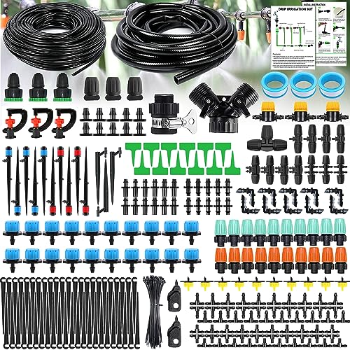 TAVADA Sistema de Riego de Jardín,Kit de riego por Goteo,Kit Riego con Ajustable Boquilla Aspersor Pulverizador y Gotero Automatico para Jardín,Invernadero,Césped,Maceta
