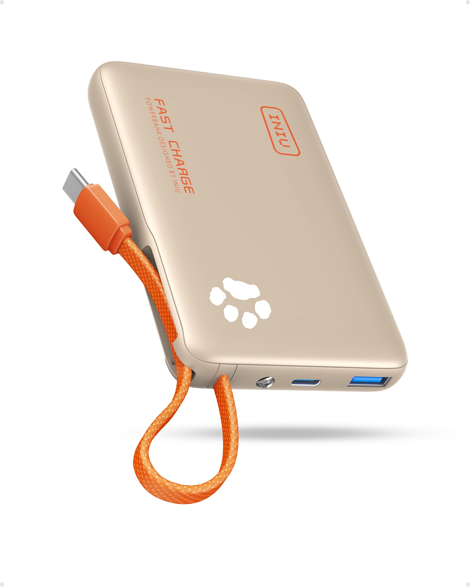 INIU Batterie Externe 45 W, Mini Taille, 10 000 mAh, avec câble USB-C intégré, Charge Rapide, Batterie Externe USB C in&Out, Petite mais puissante pour iPhone 17, 16, 15, Xiaomi Mini, Samsung, Beige