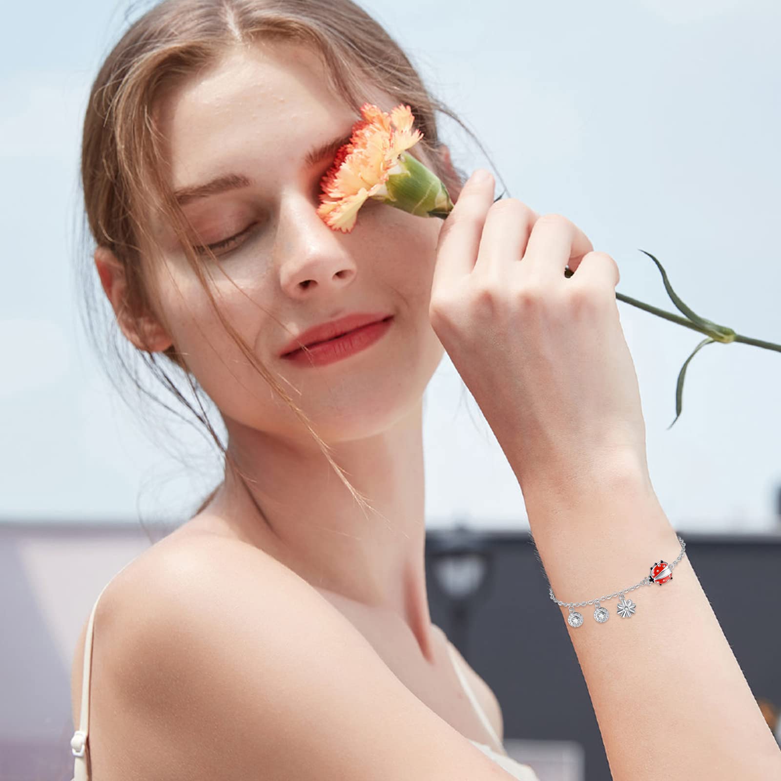 Bracciale con coccinella Regali Red Ladybug Macchie nere in argento sterling 925 Ladybug gioielli per ragazze donne insetti amanti Argento