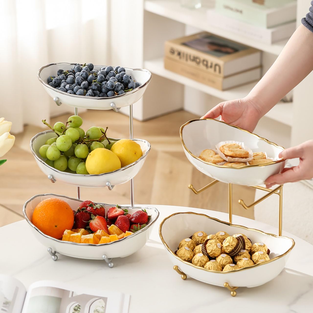 3-Tier Fruit Bowls for Kitchen Counter,Ceramic White Bowl with Sliver Metal Stand,3 Tier Fruit Basket for Fruit,Snack,Cake,Nuts,Dessert Storage