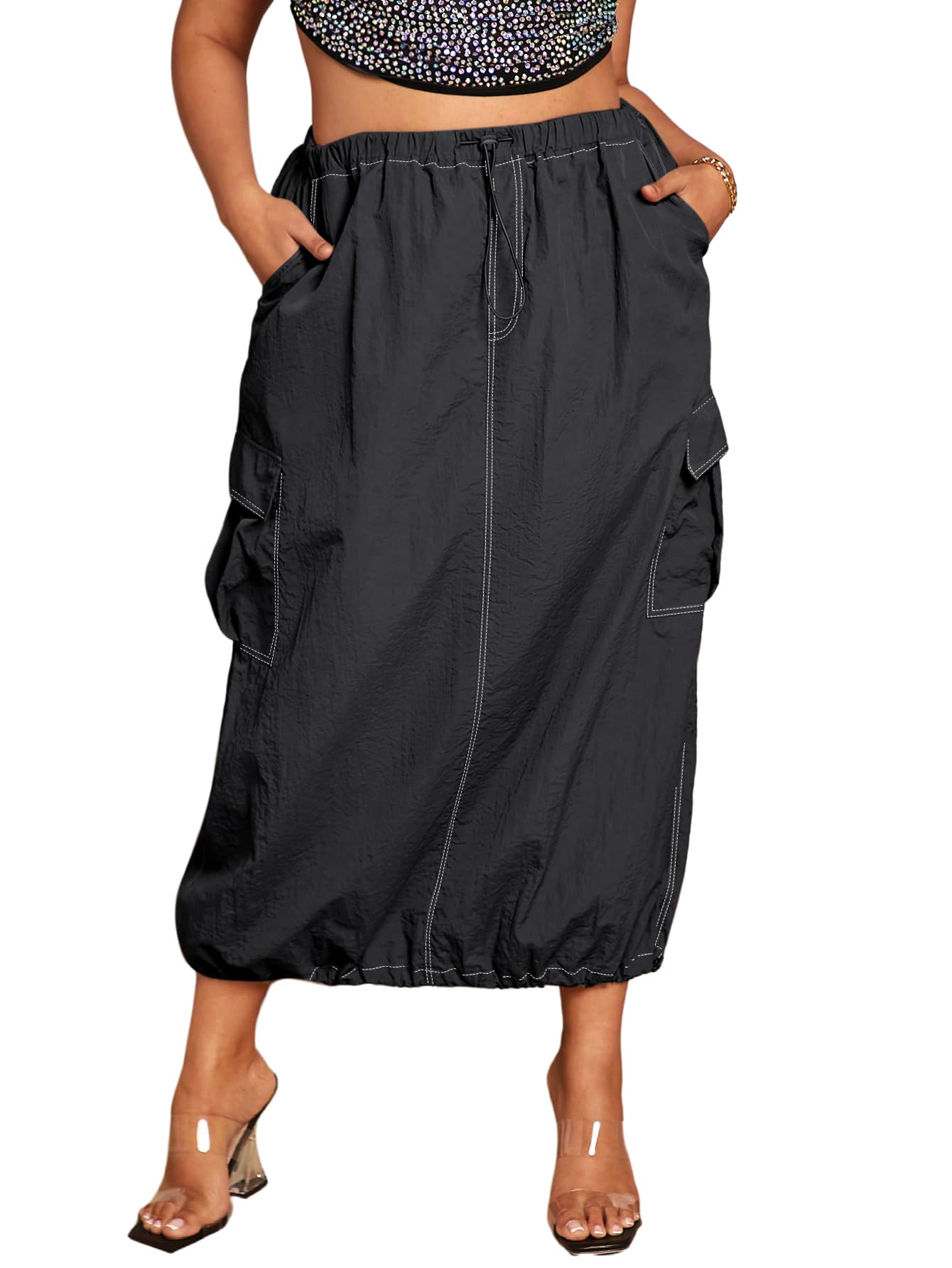 Verdusa Womens Plus Size Cargo Skirt Streetwear Drawstring Waist Long Skirts with Pockets