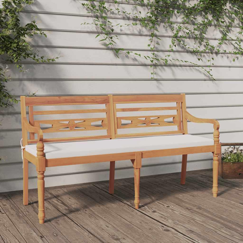 Batavia - Banco para exteriores con cojín, 150 cm, madera maciza de teca con cojines, banco de jardín con reposabrazos curvados y tallas decorativas