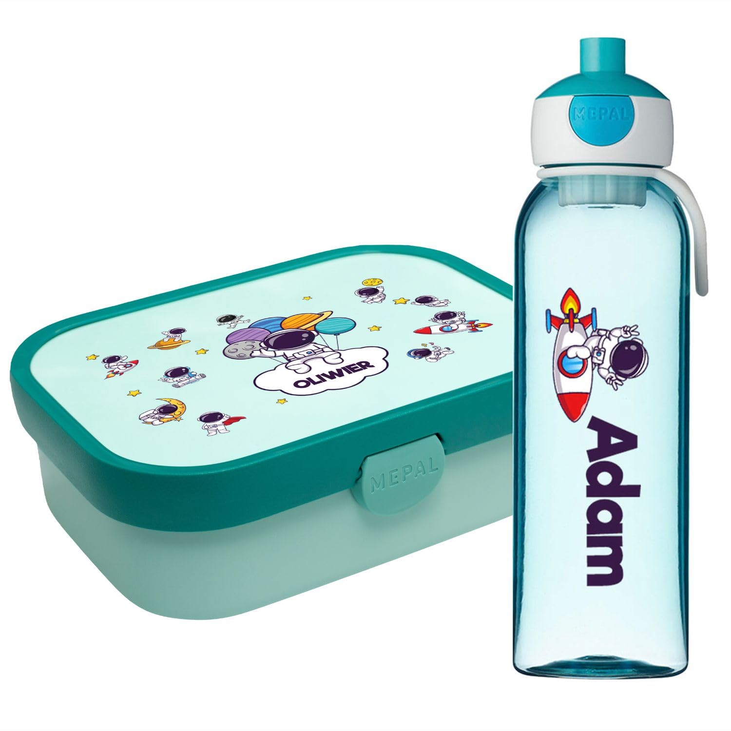 Ferocity Zestaw lunchbox dla dzieci, chłopców, do szkoły, z imieniem, pudełko na lunch, butelka na wodę, nie zawiera BPA, do zabrania w podróż, z widelcem i przegrodą na bento, astronauta [153]