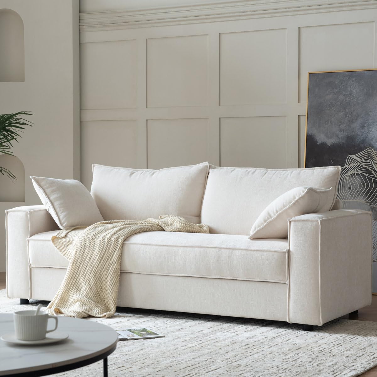 Alcantara 3-Seater 79.5" Modern Upholstered Sofa with Square Armrests & 2 Throw Pillows – Stylish Contemporary Couch for Living Room, Apartment & Office (Cream)-picture-11