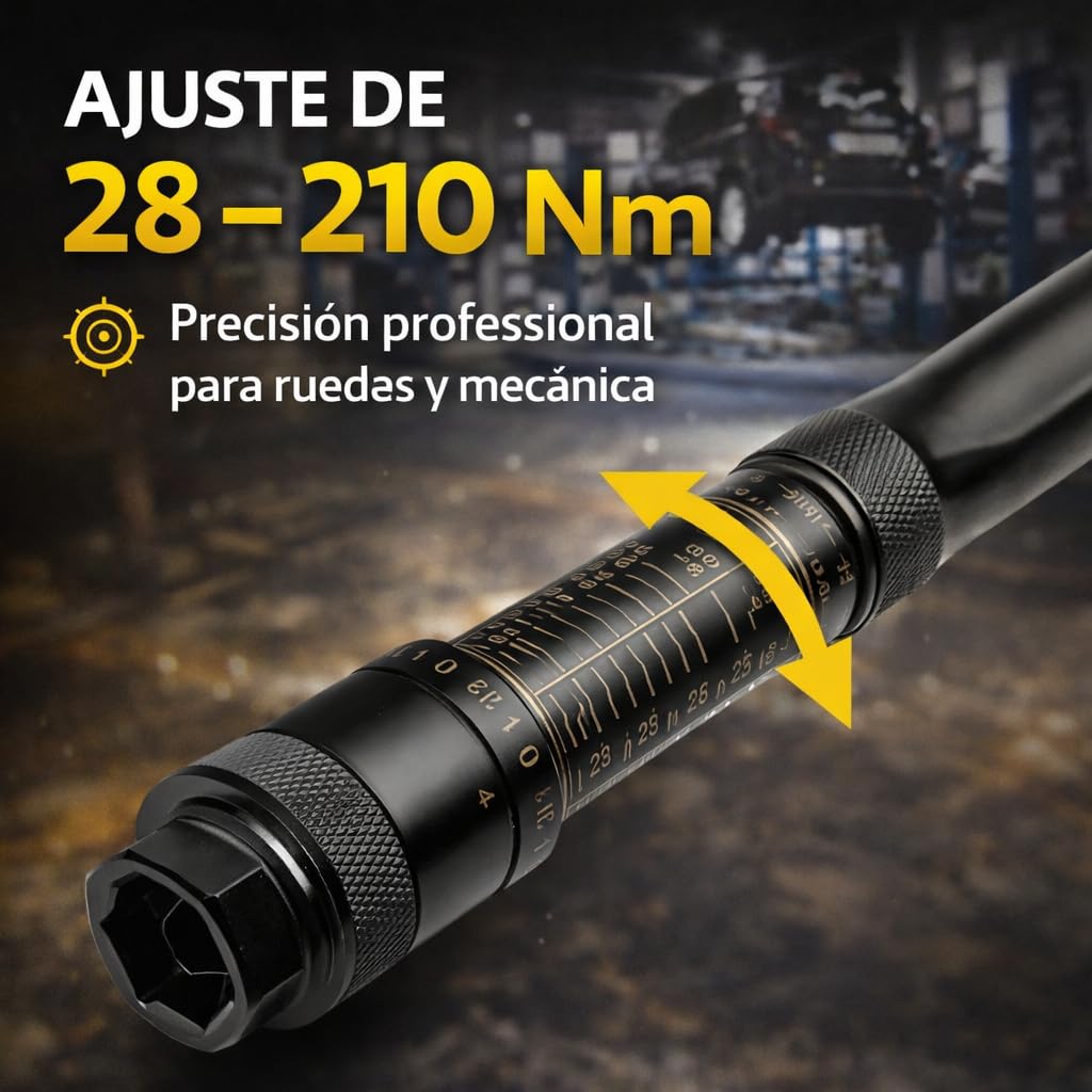 Llave Dinamométrica 1/2" Profesional 28-210 Nm + Vasos Impacto 17, 19 y 21 mm | Acero CrV Alta Resistencia | Carraca Reversible | Ajuste Preciso de Par para Llantas y Mecánica