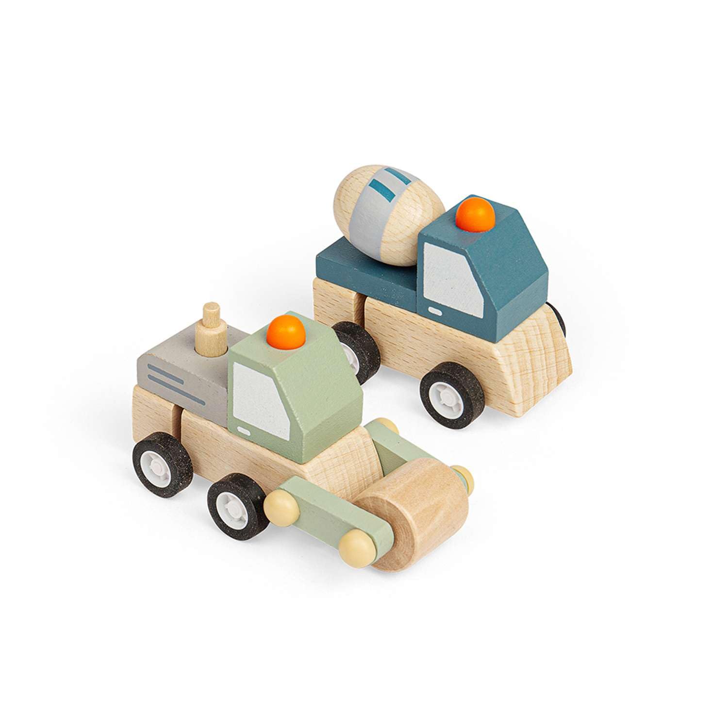 Bigjigs Toys Wind-Up Trucks, Mixer & Roller 2 Piece Mini Wooden Truck Set
