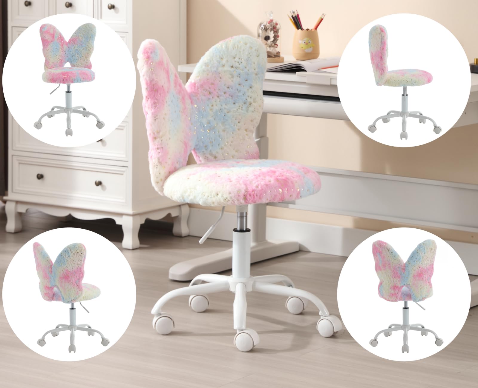 chairus Sedia Scrivania Bambina a Forma di Farfalla, Rosa | Sedia da ufficio per Bambini in Pelliccia Sintetica con Seduta Girevole Poltrona Altezza Regolabile per Studenti