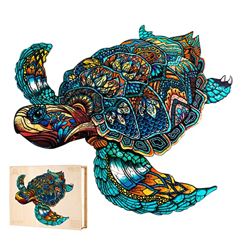 Jigfoxy Wooden Puzzles for Adults, Sea Turtle Wooden Jigsaw Puzzles for Adults Kids, Unique Animal Shape Wood Cut Puzzles, Christmas Thanksgiving Gifts for Family Turtle Lover (S-9.1 * 7.7in-100pcs)