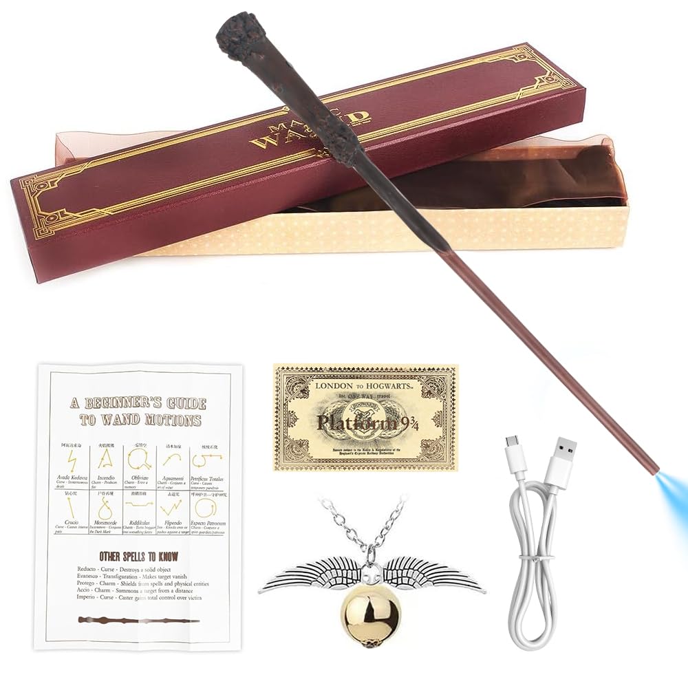 Baguette Harry Lumineuse, 35CM Baguette Magique Harry avec Noyau Acier, Réplique De Baguette en Résine, USB BaguetteHarry Boîte Cadeau vec Carte de Sort, Ticket de Station et Collier