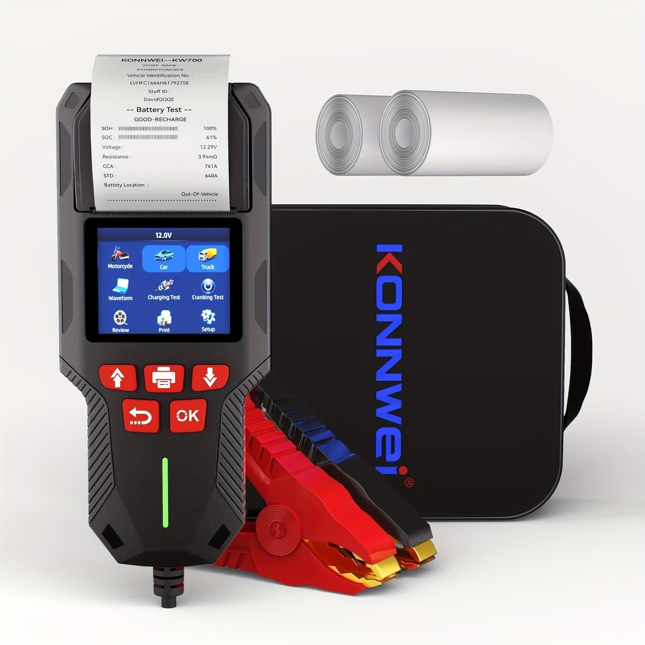 KONNWEI KW700 12V/24V Autobatterie Tester mit Drucker, Digitales Batterie-Analysegerät für PKW, LKW, Motorrad, AGM/GEL/EFB/Lithium Batterien,CCA/EN/DIN Normen, Start-Stopp,Lade- & Startsystem Diagnose