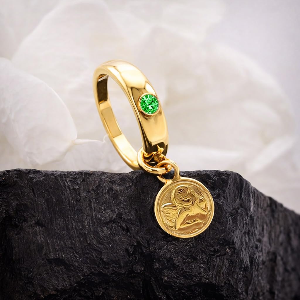 CLEVER SCHMUCK Collana per battesimo in oro con angelo custode, anello per battesimo verde, con catena a maglia barbazzale, 36 cm, in argento sterling 925, con custodia per battesimo