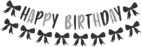 Cartel de lazo para decoración de fiesta, pancarta de cumpleaños con lazo negro y plateado, decoración de fiesta de cumpleaños, lazo para atar el