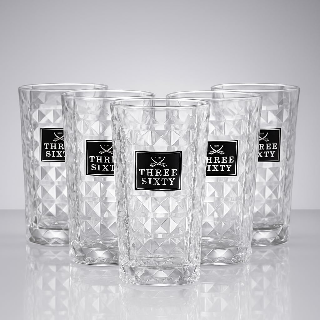 THREE SIXTY Vodka Longdrinkgläser 6er Set – 0,3 L geeicht | Diamond-Cut Design, Premium Cocktail- & Bar-Gläser