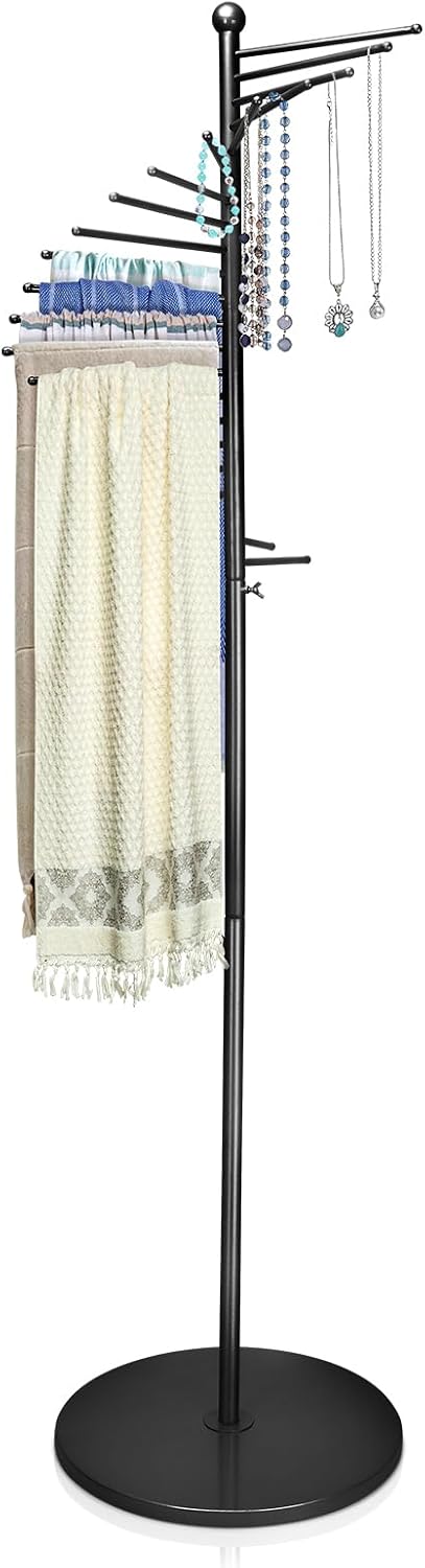 Metal Scarf Rack, Freestanding Spiral Scarf Holder Commercial Hijab Organizer Belt Pants Hanger 59‘’-67‘’ Height Adjustable with 22 Rods for Clothing Store Home, Space Saving Shelves (Color: Black)