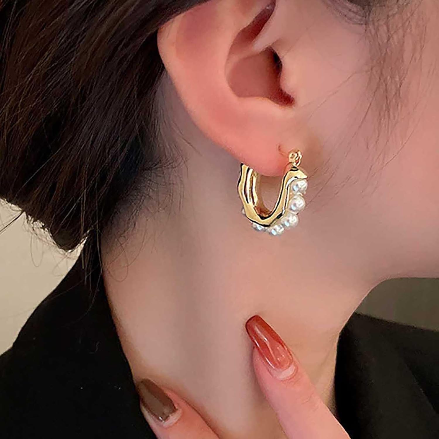 Vintage Pearl Hoop Earrings Gold Pearl Huggie Hoop Earrings White Pearl Huggie Earrings Pearl Hoop Drop Earrings Jewelry for Women - Image 2