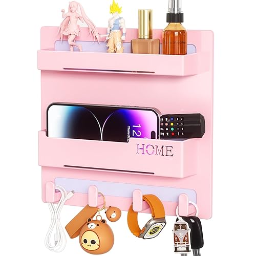 Floating Shelves for Bedside Shelf Accessories Organizer, Wall Mount Self Stick On, Cute Room Decor Aesthetic, Girls Room Decor, Cool Stuff For Bedroom Storage And Organization, Bedside Wall Organizer - 4 Hooks Design-Pink
