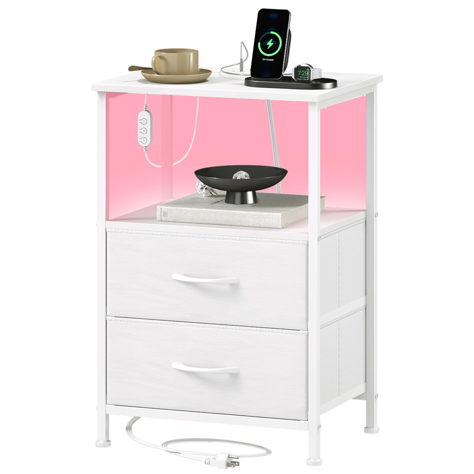 Somdot White Nightstand with Charging Station and LED Light for Bedroom 2 Drawers Dresser with Fabric Bins for