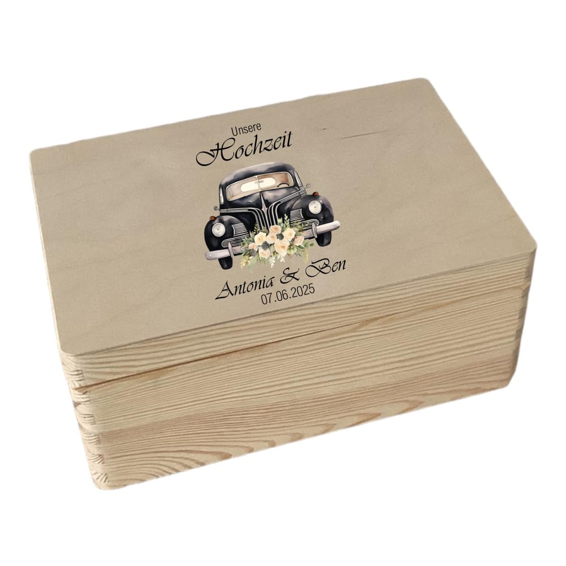 Erinnerungskiste Hochzeit aus Holz - Personalisiert mit Name - Aufbewahrungsbox Hochzeitsgeschenk Geschenkbox L (40x30x13,5 cm) Auto