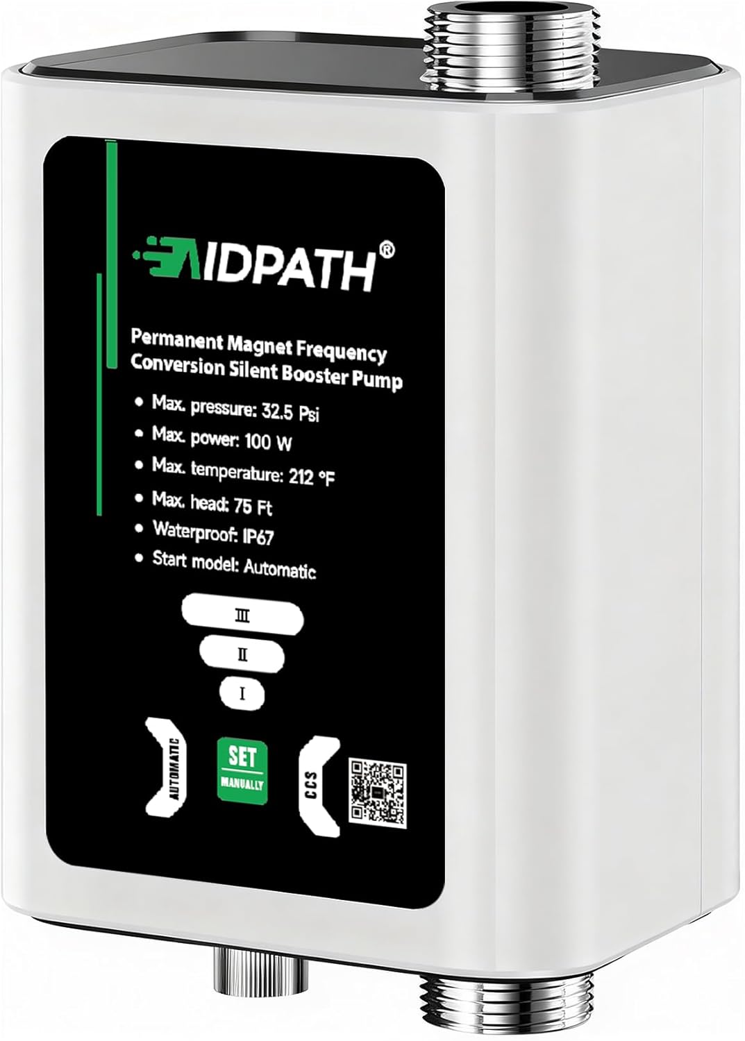 1/7 HP Smart Water Pressure Booster Pump, Peak 33 PSI & 475 GPH, 3-Speed Adjustable, CCS Low-Flow Auto Start,115V, 3/4" NPT Inlet & Outlet×1/2"NPT Adapter for Faucet, Shower