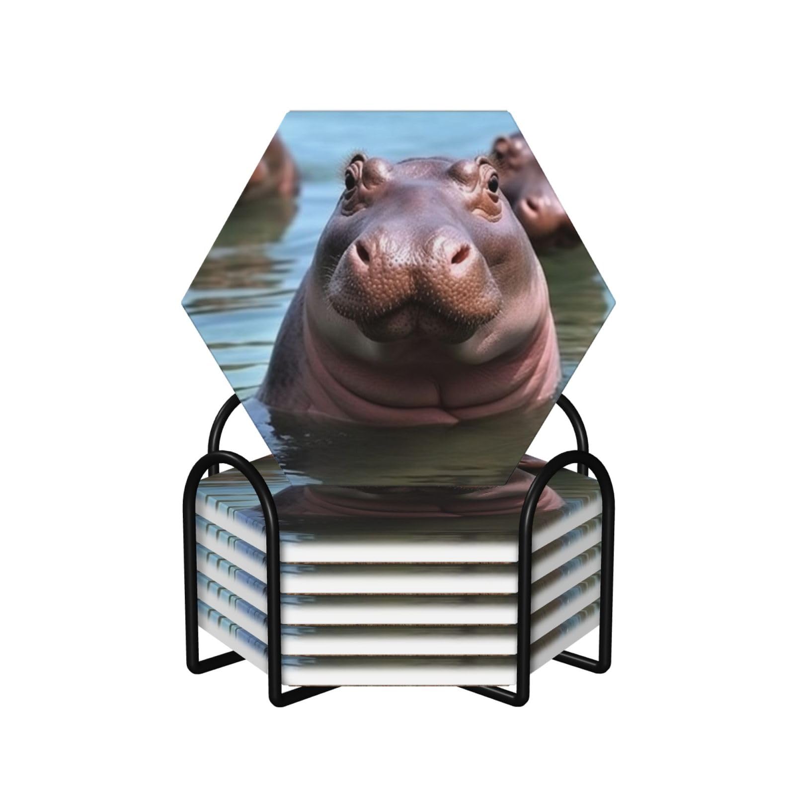 6Pcs Ceramics Coaster for Drinks, Cute Hippos Cup Coasters with Holder, Aesthetic Drink Coasters for Coffee Table, Absorbent Round Coaster for Tabletop Protection 4" Cup Mat Pad