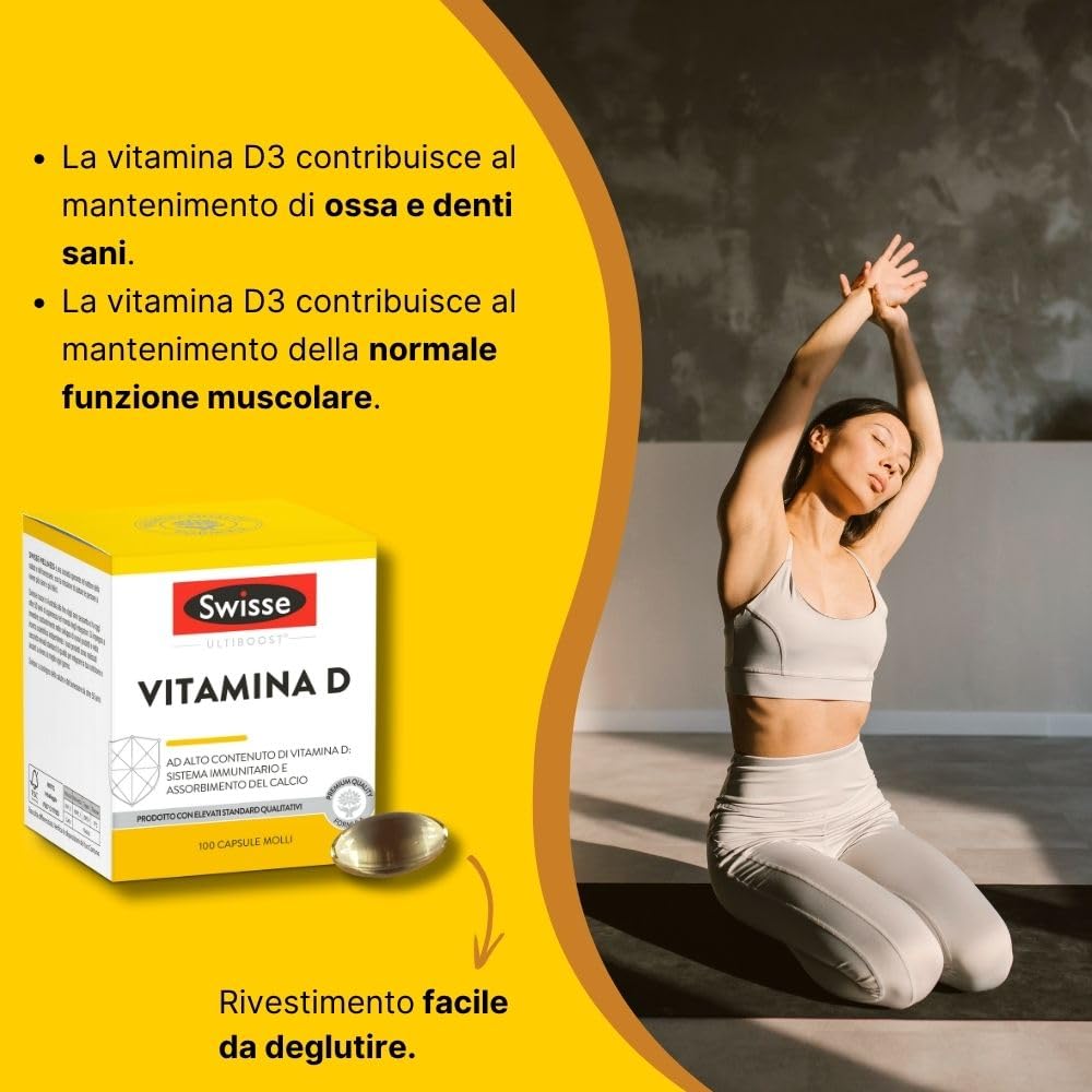 SWISSE Ultiboost- Vitamina D 2000 UI, Integratore Difese Immunitarie Adulti, Integratori Alimentari Donna e Uomo con vitamina D3 per Mantenimento Ossa e Denti Sani, Made in Italy, 100 Capsule Molli