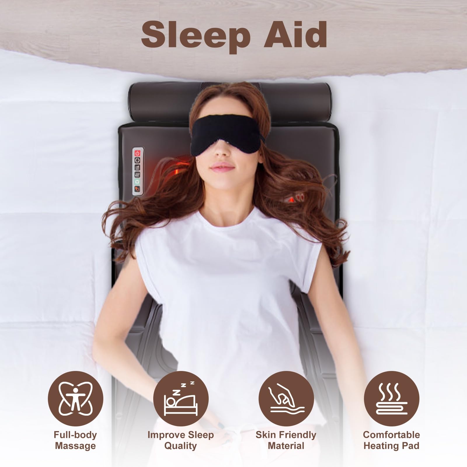 Ganzkörper-Massagematte mit Wärme und beweglichem Shiatsu-Nacken- und Rückenmassagegerät, Massage-Matratzenauflage mit Kopfkissen und Lendenwirbelstütze, 12 Vibrationsmotoren, 9 Massagemodi und 2