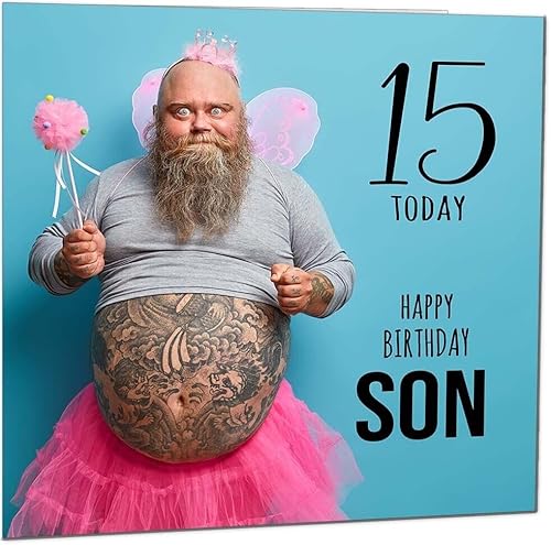 15th Son Funny Birthday Card - Bearded Man Joke Funny Sons Birthday Card for 15 Year old teenage Kids fifteen, fifteenth