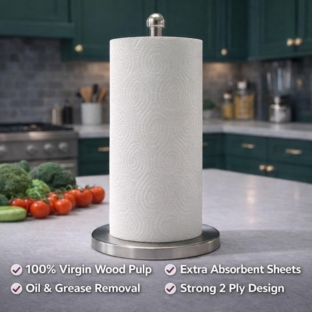 Kitchen Towels Paper – Extra Absorbent, 100% Virgin Wood Pulp, Oil Remover. 12 Roll, 1200 Sheets