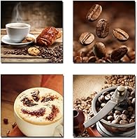Wieco Art 4-Piece Coffee Bean Canvas Wall Art - Warm Brown Giclee Prints for Kitchen Dining Room Bar Decor, Stretched Framed Ready to Hang