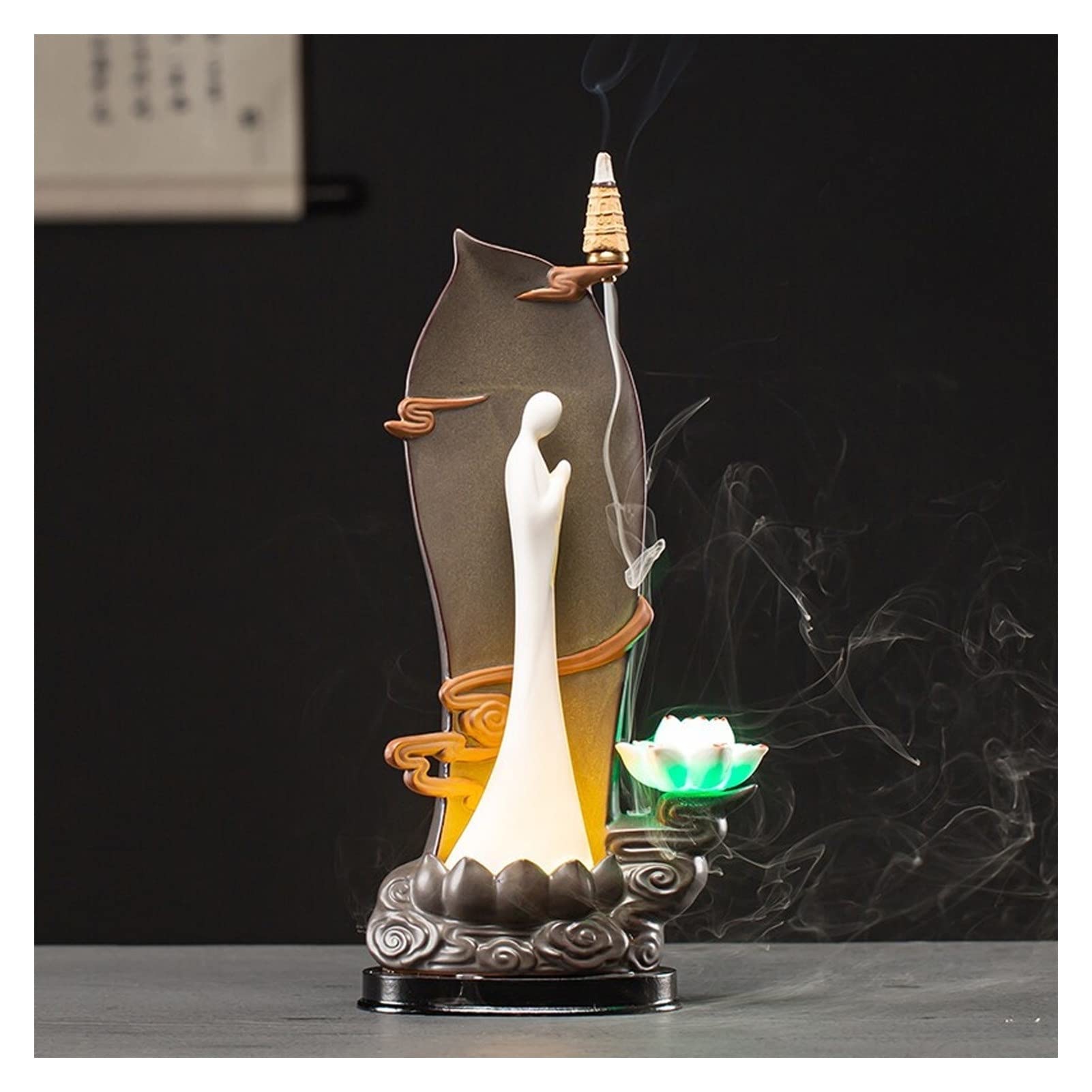 Basxdrfxz A Incense Holder Base Ceramic Incense Burner With Led Light Waterfall Smoke Holder Creative Desktop Ornaments For Romatherapy Meditation, Home Decoration