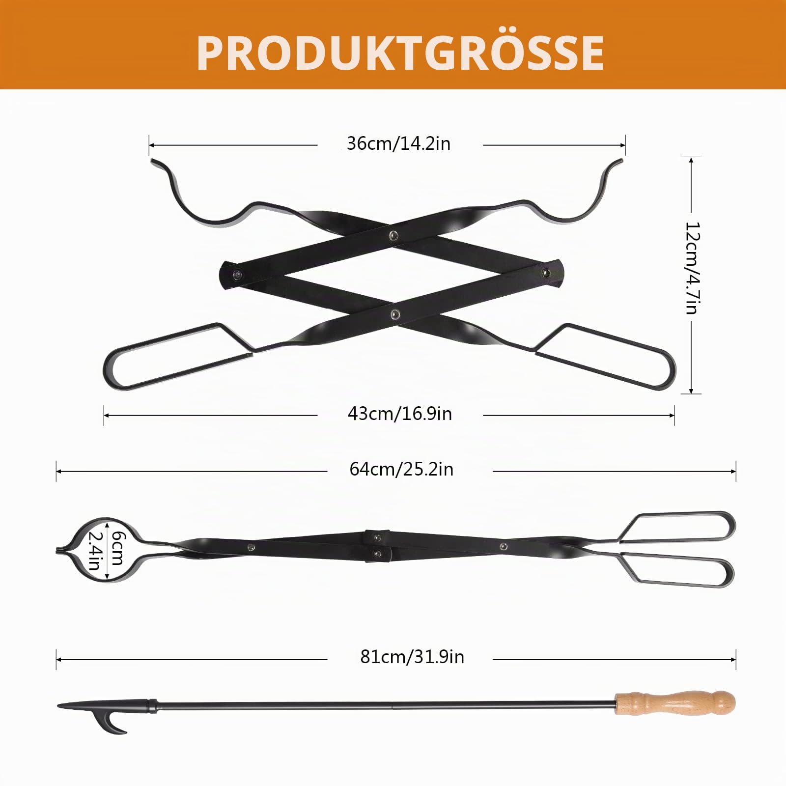 Uten Kaminbesteck-Set, Kaminzange 81 cm, Kaminzange und Schürhaken Kaminzubehör für Holzöfen, Lagerfeuer und Camping Schwarz