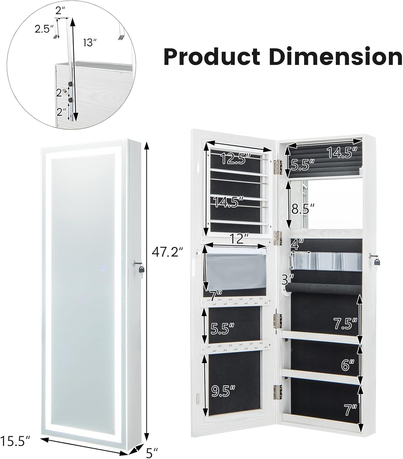 Giantex Jewelry Cabinet Armoire Door Wall Mount, 47.2in Lockable Touch Screen Lighted Full Length Mirror, 3 Lighting Settings, Inside Makeup Mirror, Jewelry Storage Box Organizer (Grayish White) - Image 5
