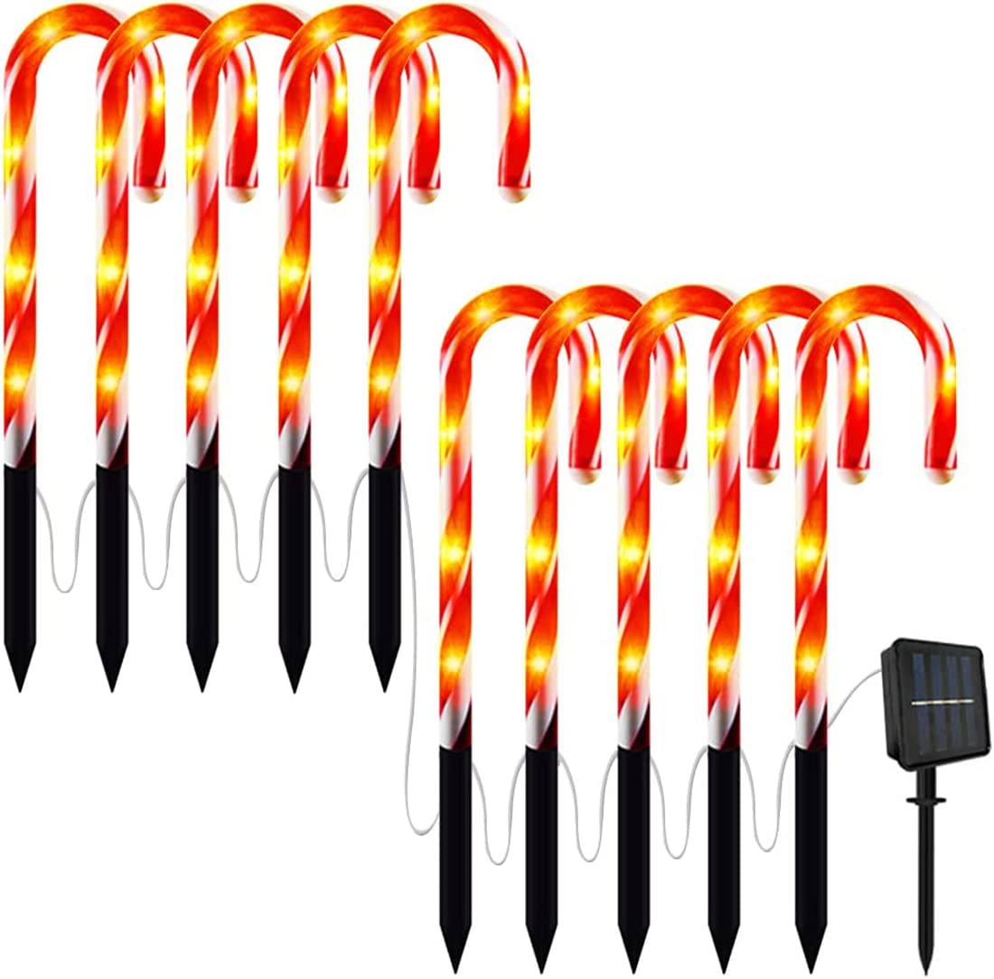 UBP Outdoor Christmas Decorations,10PCS Solar Christmas Candy Cane Lights,Waterproof with 8 Modes LED Solar Xmas Pathway Markers Lights,for Yard,Lawn (Red-10pcs)