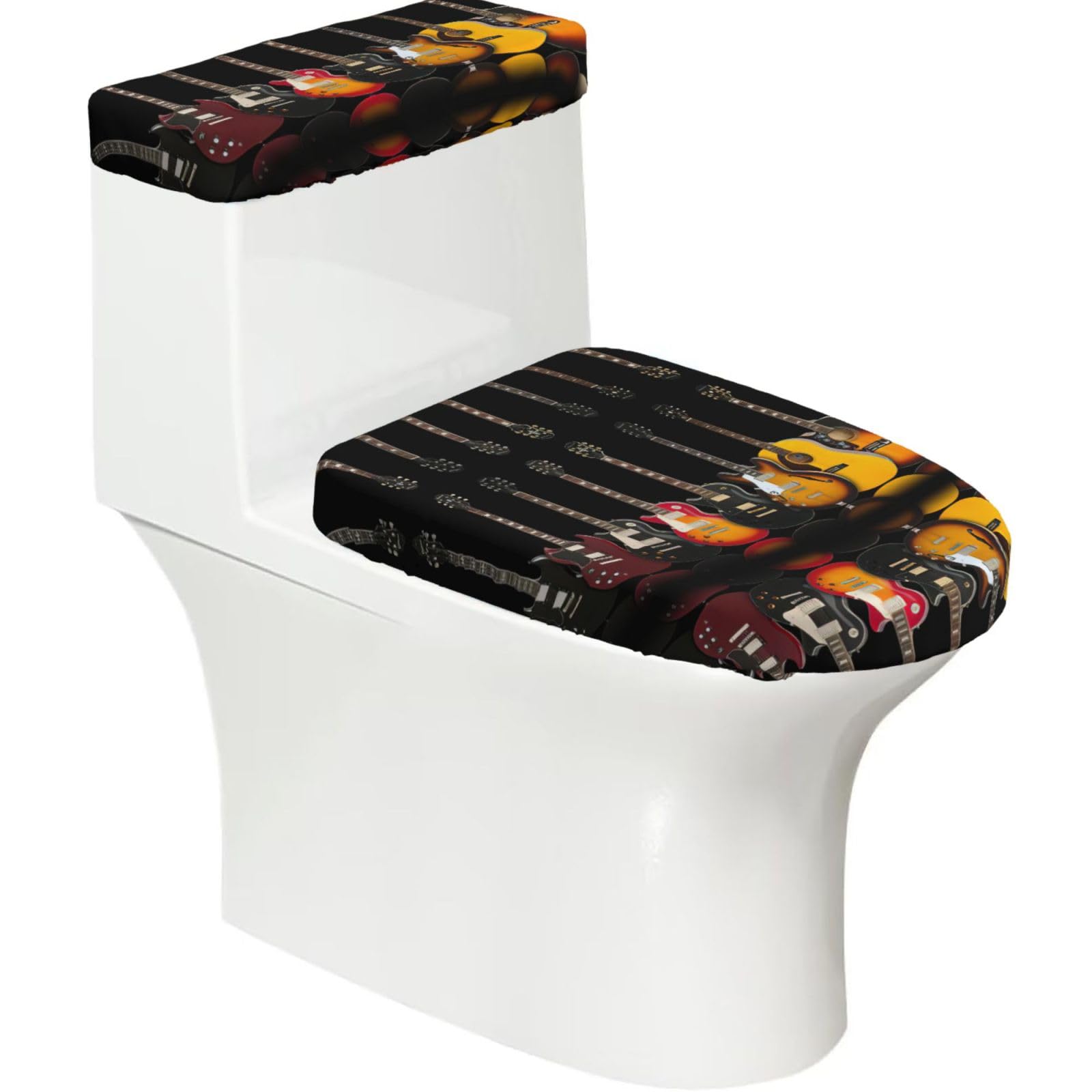 Electric Guitar Printed Toilet Tank and Lid Cover Set of 2 for Most Bathrooms, Fits Elongated Round Toilets