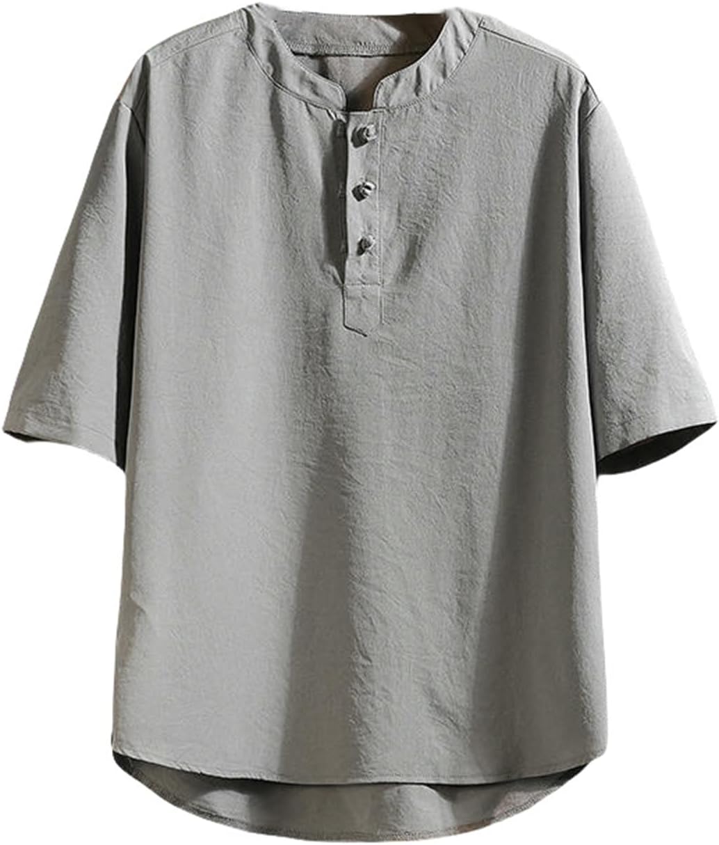Men's Summer Cotton Linen Casual Hanfu Chinese Style Frog Buttons Pullover T-Shirt