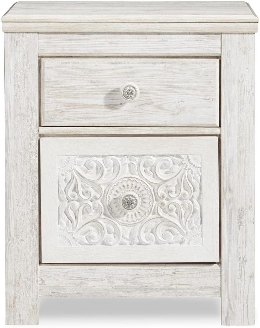 Signature Design by Ashley Paxberry Boho 2 Drawer Nightstand with 2 Slim-Profile USB Charging Ports, 29.21" Tall, Whitewash