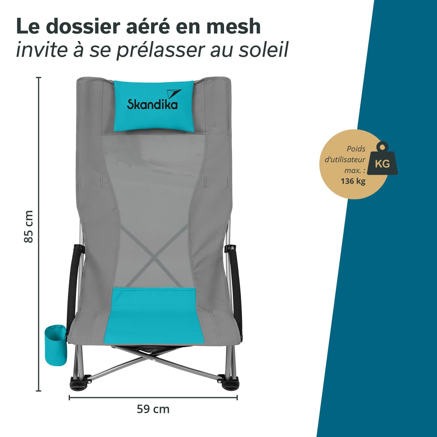Skandika Chaise de Plage Pliante Beach | Chaise de Plage Confortable avec Mesh Respirant, Porte-Boisson, Basse, Facile à Transporter, Max. 136 kg | Chaise de Camping Pliable, Chaise Longue