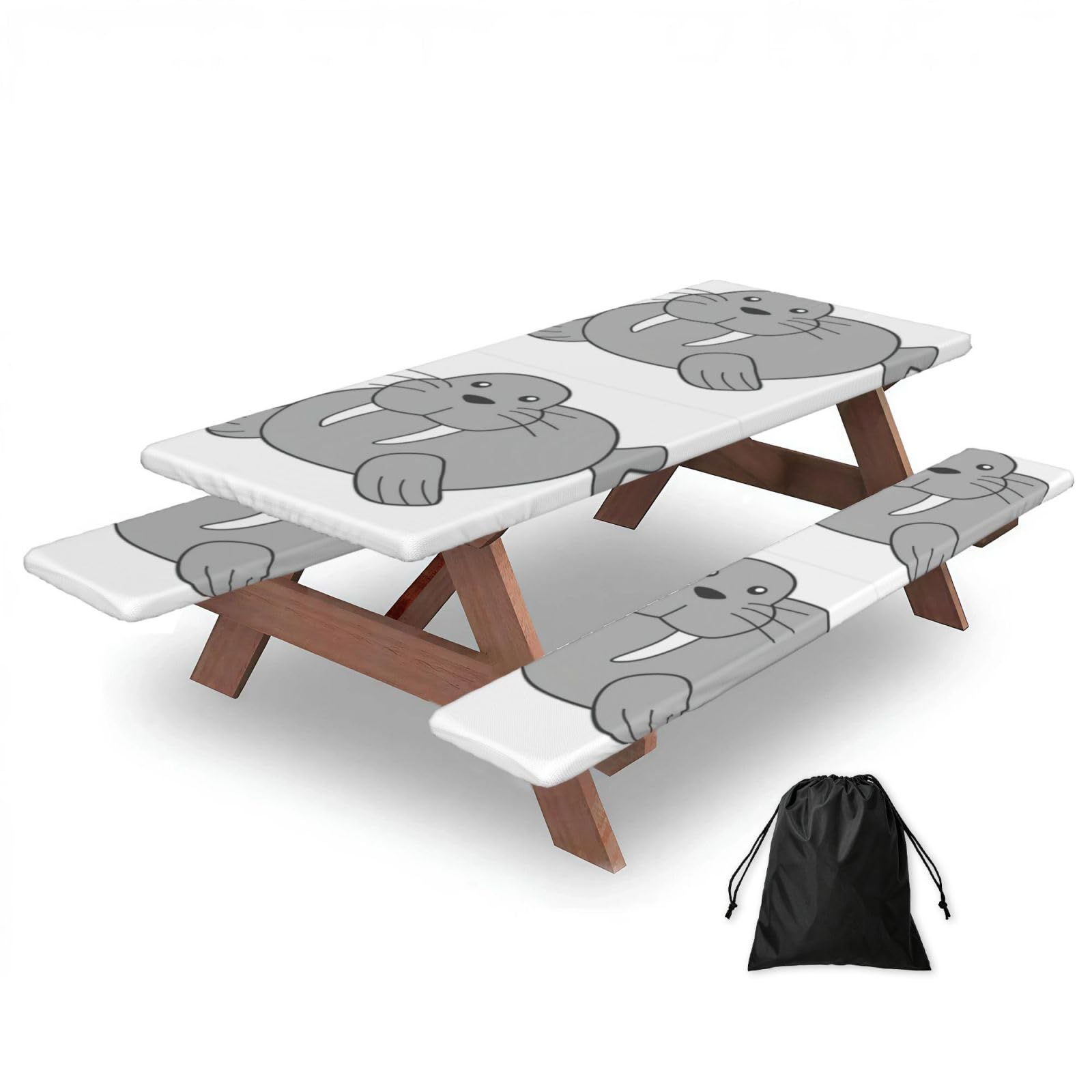 Zyjhyy Black Walrus Print Party Table Covers With Bench Covers Set Of 3 Picnic Table Cloth Wipe Clean For Garden Camping