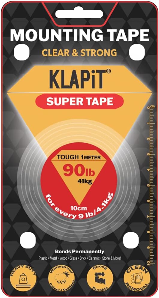 KLAPiTSUPER TAPE Double Sided Heavy Duty Mounting Tape Holds 90LB/41kg Using Enhanced Nano Technology Clear Magic Improvement Clean Removal Waterproof Transparent Tough 1m