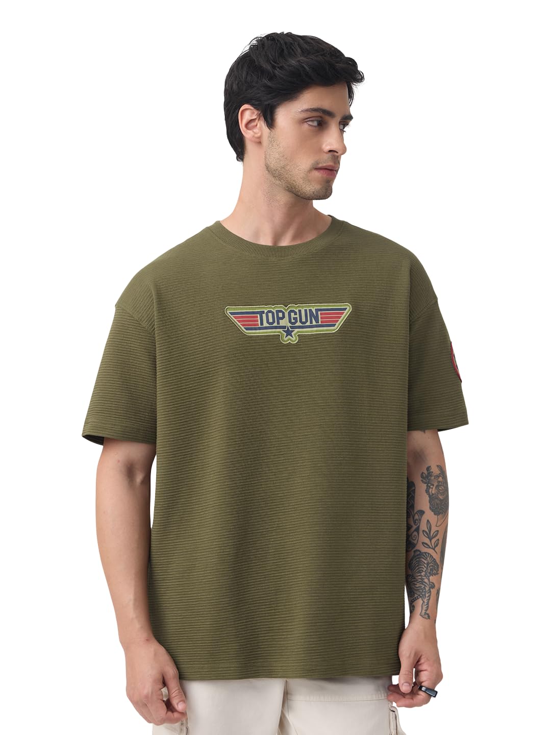 The Souled Store Top Gun: Men and Boys Short Sleeves Round Neck Casual Streetwear Drop Shoulder Cotton Oversized T-Shirt in neutral