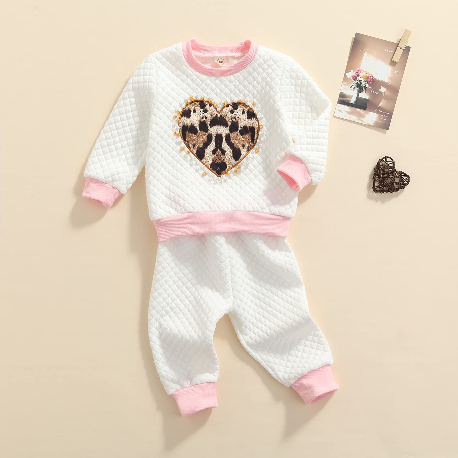 YJN Toddler Baby Girl Love Heart Outfit Set Fall Winter Waffle Cotton T-shirt Tops Floral Long Pants Clothes (White, 4-5T)