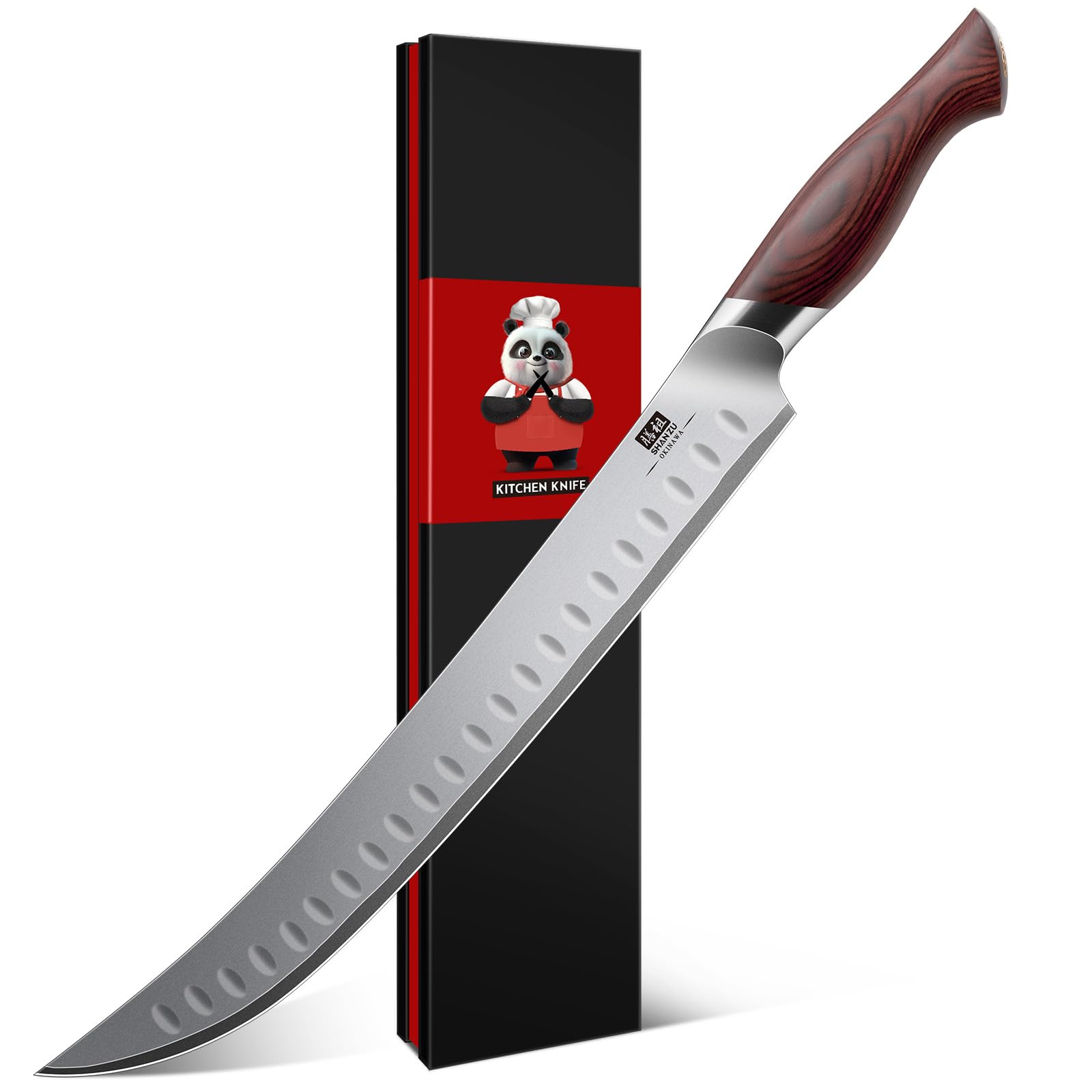 SHAN ZU Fleischmesser 30cm, Japanisches Tranchiermesser für Fleisch & Schinken, Metzgermesser mit 10 CR15Mov hoher Kohlenstoff -Edelstahl -Scharfe und ergonomische Pakkawood -Griff - Okinawa -Serie