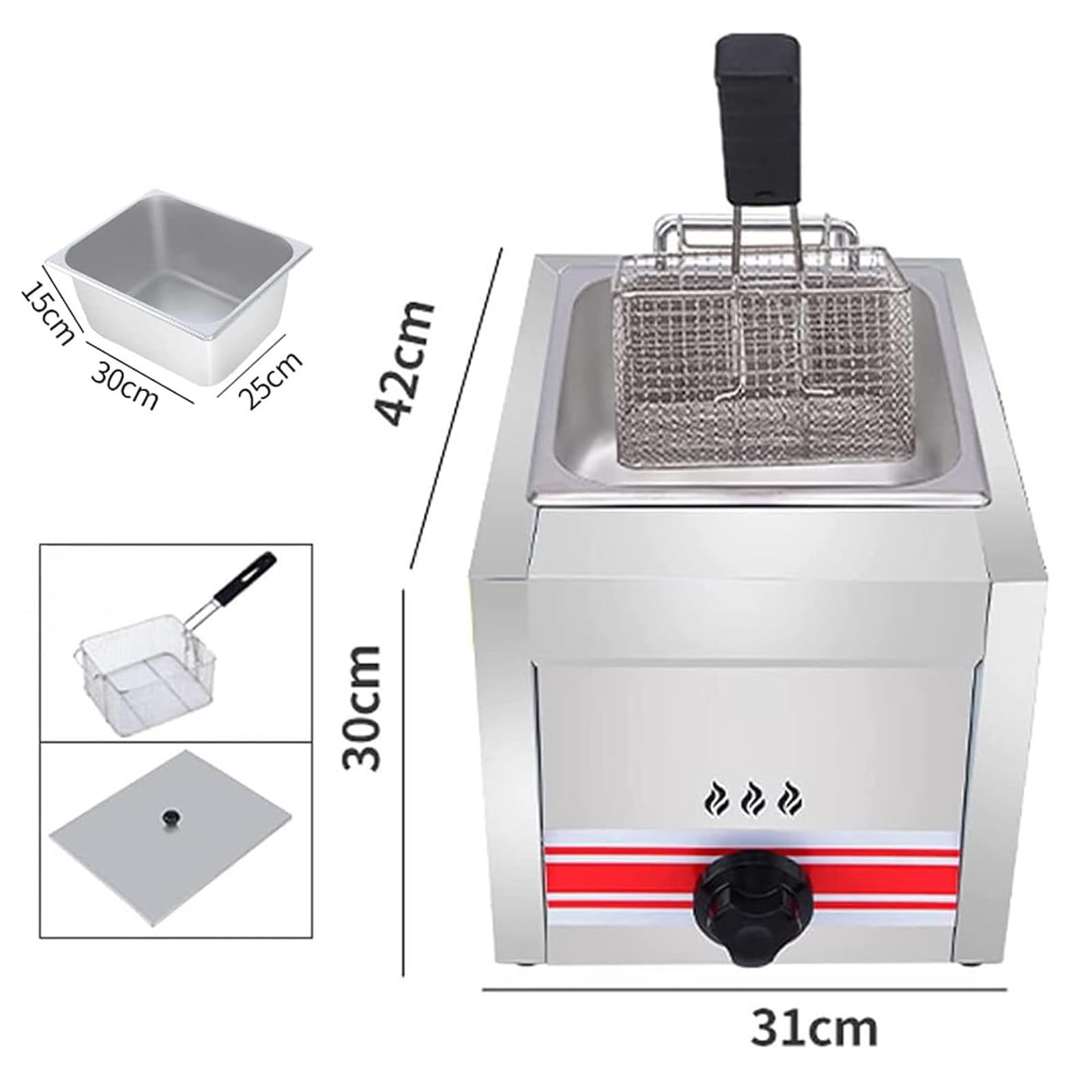 Friggitrice a Gas Professionale, Friggitrice a Gas 10L/20L/30L, Friggitrice da cucina da banco di grande capacità con cestello e coperchio, pulizia senza sforzo,10L