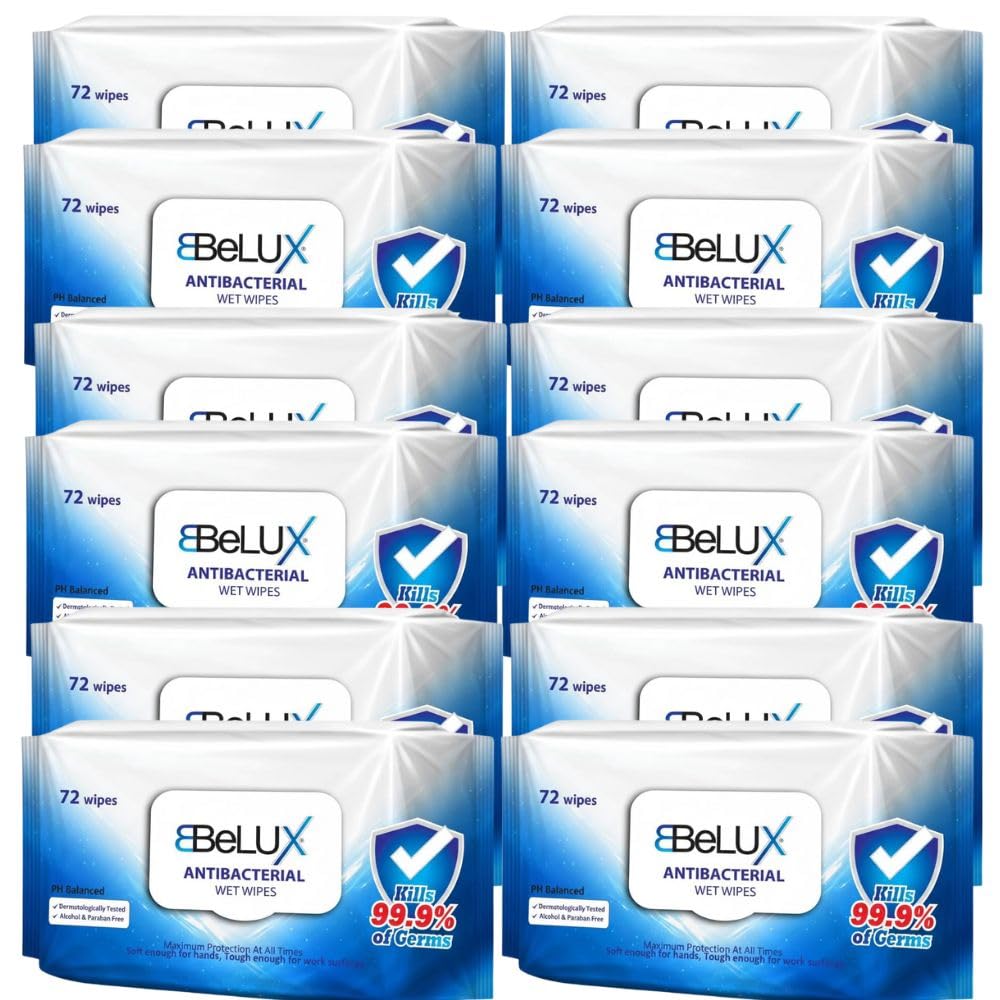 Belux Antibacterial Wet Wipes Pack of 6 - Universal Cleaning and Disinfectant Wipes Suitable for Hands and Surfaces - Dermatologically Tested - Multi-Purpos (Green (Pack of 12))