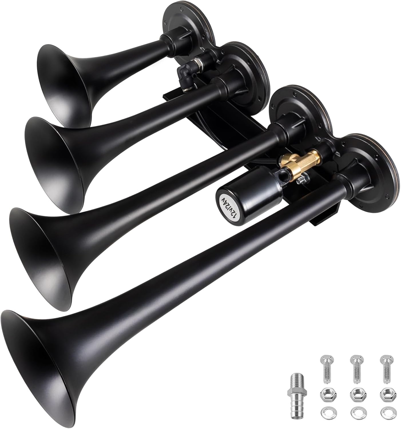Truck Air Horn 4 Trumpet Horns Train Horn Kit for Truck 12/24V 180 dB Super Loud Suitable for Pickup Motorhome SUV Trucks Train Boat(Parallel 4-Trumpet Black 12/24V)