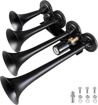 Truck Air Horn 4 Trumpet Horns Train Horn Kit for Truck 12/24V 180 dB Super Loud Suitable for Pickup Motorhome SUV Trucks Train BoatParallel 4-Trumpet Black 12/24V